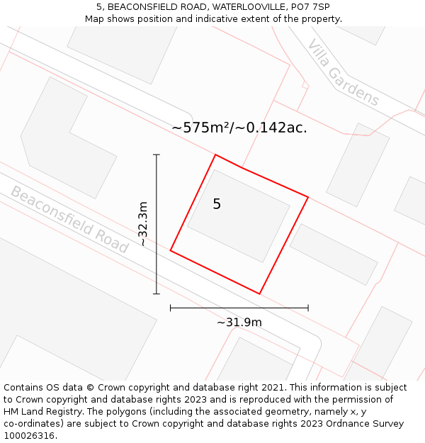 5, BEACONSFIELD ROAD, WATERLOOVILLE, PO7 7SP: Plot and title map