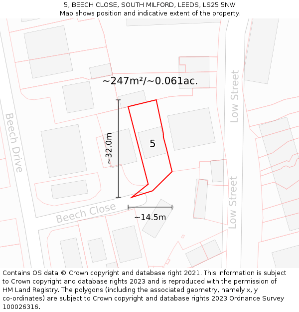 5, BEECH CLOSE, SOUTH MILFORD, LEEDS, LS25 5NW: Plot and title map