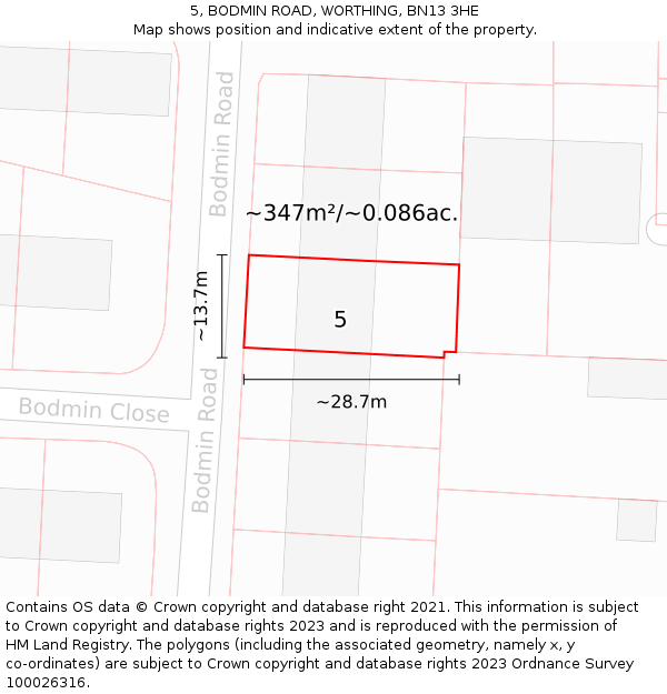 5, BODMIN ROAD, WORTHING, BN13 3HE: Plot and title map