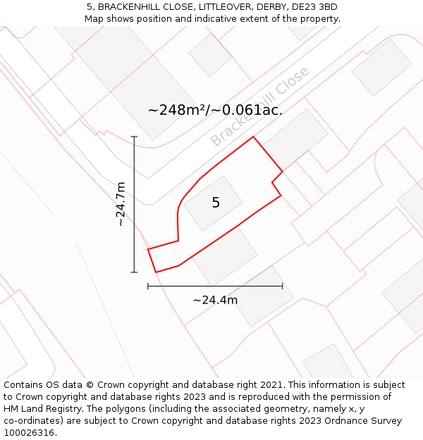 5, BRACKENHILL CLOSE, LITTLEOVER, DERBY, DE23 3BD: Plot and title map