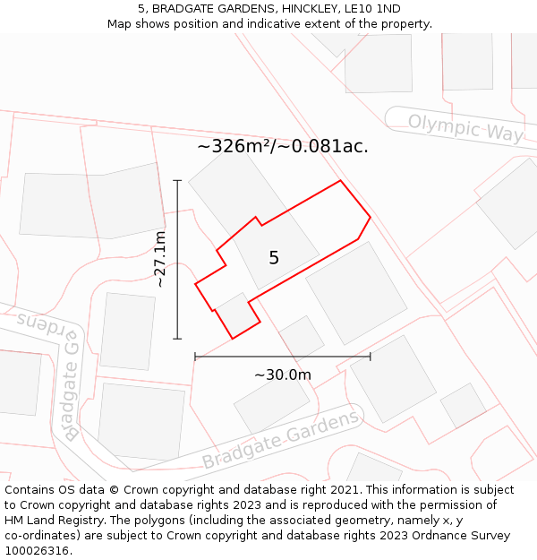 5, BRADGATE GARDENS, HINCKLEY, LE10 1ND: Plot and title map