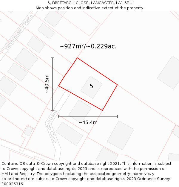 5, BRETTARGH CLOSE, LANCASTER, LA1 5BU: Plot and title map