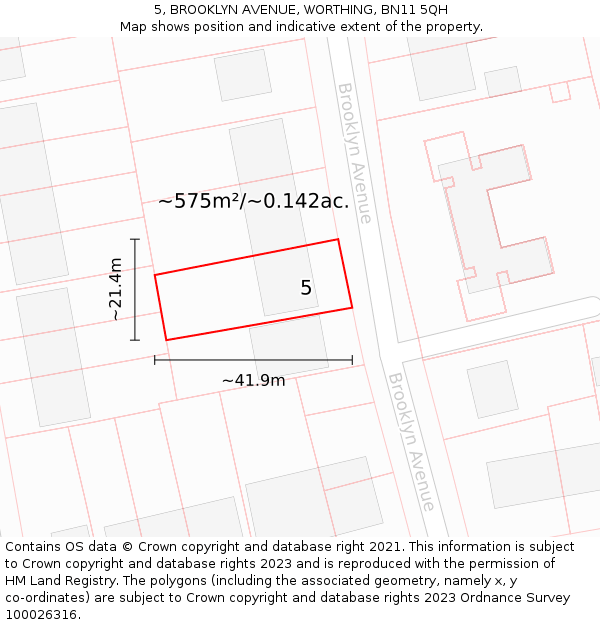 5, BROOKLYN AVENUE, WORTHING, BN11 5QH: Plot and title map
