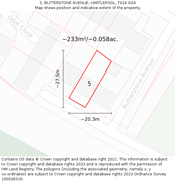 5, BUTTERSTONE AVENUE, HARTLEPOOL, TS24 0GA: Plot and title map