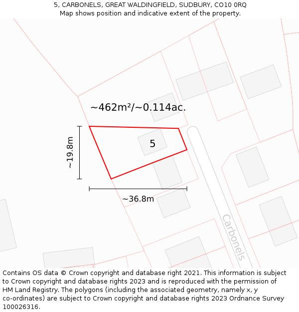 5, CARBONELS, GREAT WALDINGFIELD, SUDBURY, CO10 0RQ: Plot and title map