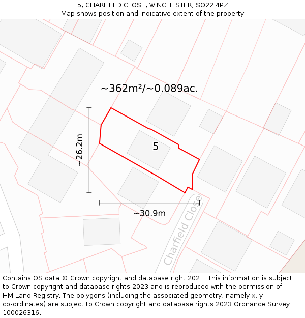 5, CHARFIELD CLOSE, WINCHESTER, SO22 4PZ: Plot and title map