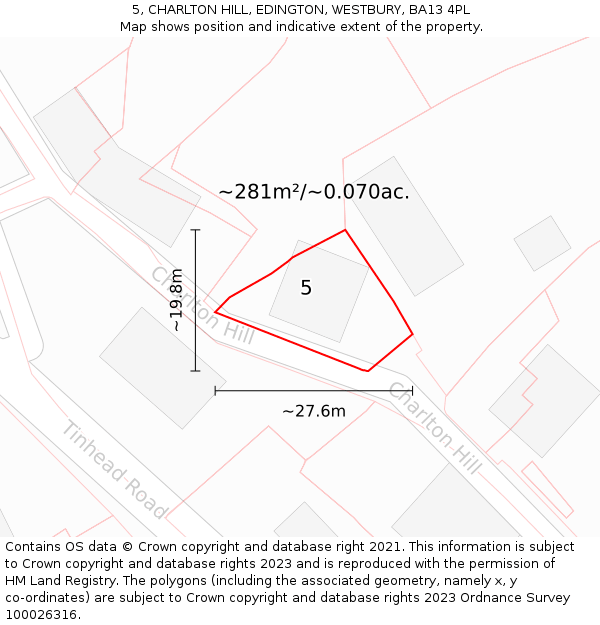 5, CHARLTON HILL, EDINGTON, WESTBURY, BA13 4PL: Plot and title map