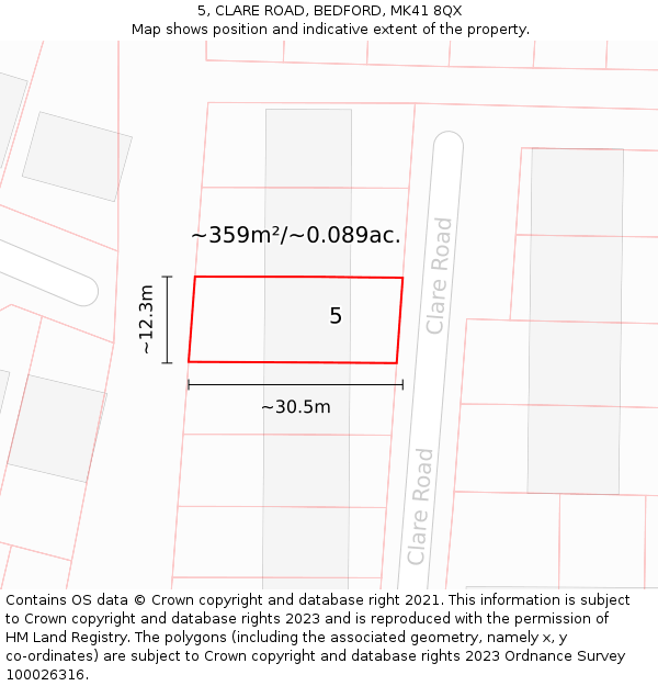 5, CLARE ROAD, BEDFORD, MK41 8QX: Plot and title map