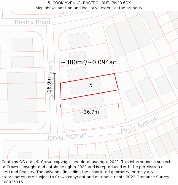 5, COOK AVENUE, EASTBOURNE, BN23 6DX: Plot and title map