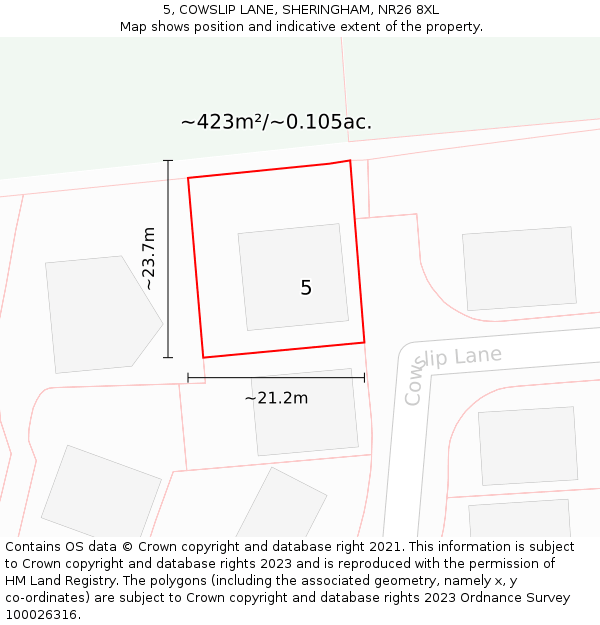 5, COWSLIP LANE, SHERINGHAM, NR26 8XL: Plot and title map