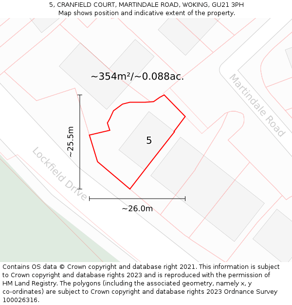 5, CRANFIELD COURT, MARTINDALE ROAD, WOKING, GU21 3PH: Plot and title map