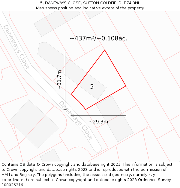 5, DANEWAYS CLOSE, SUTTON COLDFIELD, B74 3NL: Plot and title map