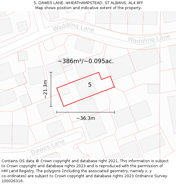 5, DAWES LANE, WHEATHAMPSTEAD, ST ALBANS, AL4 8FF: Plot and title map