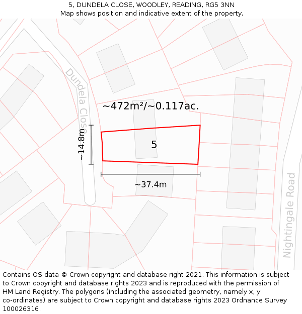 5, DUNDELA CLOSE, WOODLEY, READING, RG5 3NN: Plot and title map
