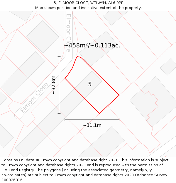 5, ELMOOR CLOSE, WELWYN, AL6 9PF: Plot and title map