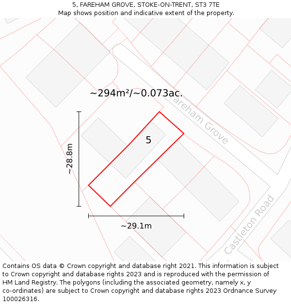 5, FAREHAM GROVE, STOKE-ON-TRENT, ST3 7TE: Plot and title map