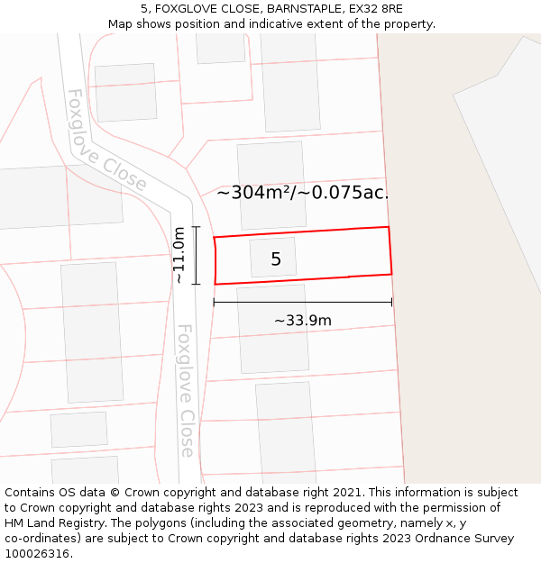 5, FOXGLOVE CLOSE, BARNSTAPLE, EX32 8RE: Plot and title map