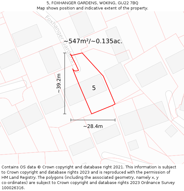 5, FOXHANGER GARDENS, WOKING, GU22 7BQ: Plot and title map