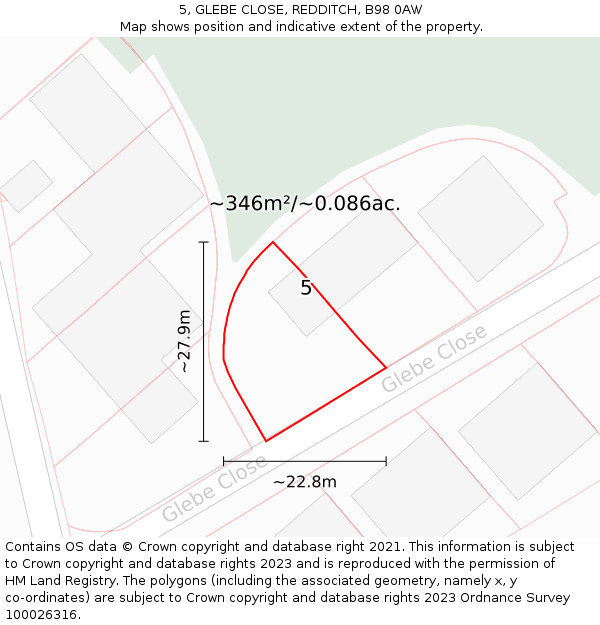 5, GLEBE CLOSE, REDDITCH, B98 0AW: Plot and title map