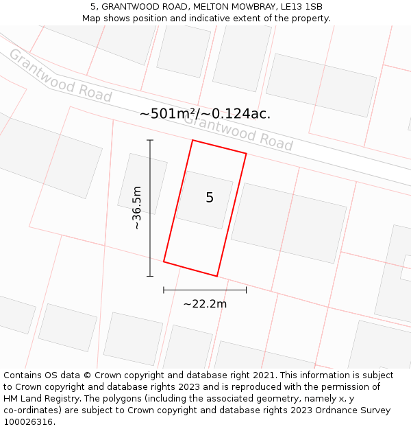 5, GRANTWOOD ROAD, MELTON MOWBRAY, LE13 1SB: Plot and title map