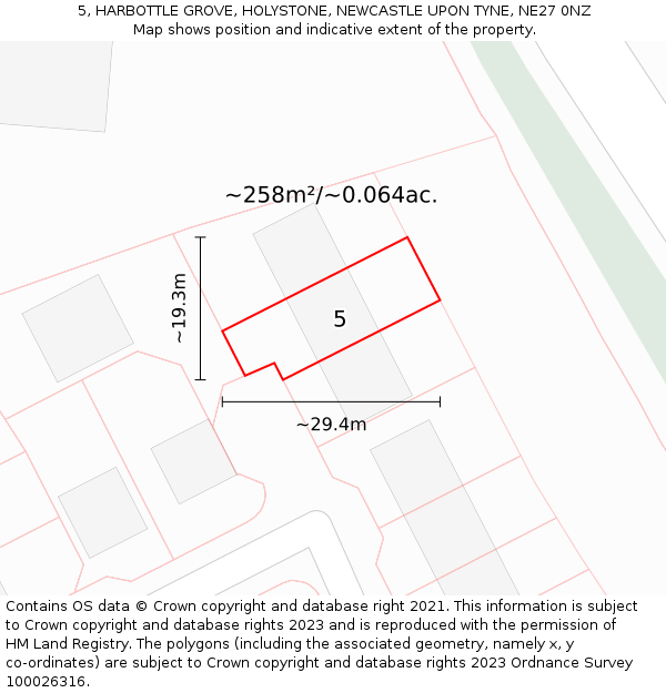5, HARBOTTLE GROVE, HOLYSTONE, NEWCASTLE UPON TYNE, NE27 0NZ: Plot and title map