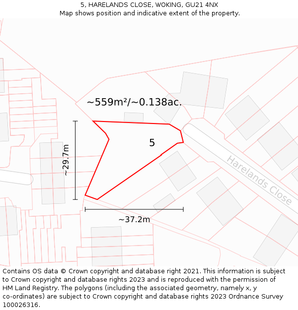 5, HARELANDS CLOSE, WOKING, GU21 4NX: Plot and title map