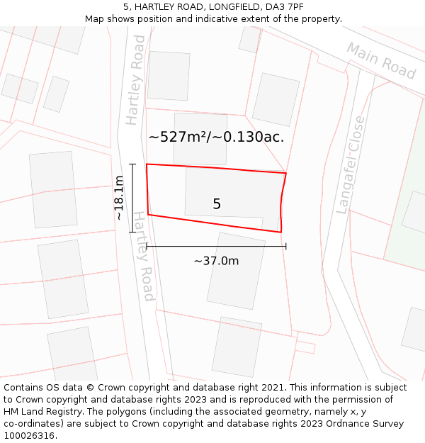 5, HARTLEY ROAD, LONGFIELD, DA3 7PF: Plot and title map