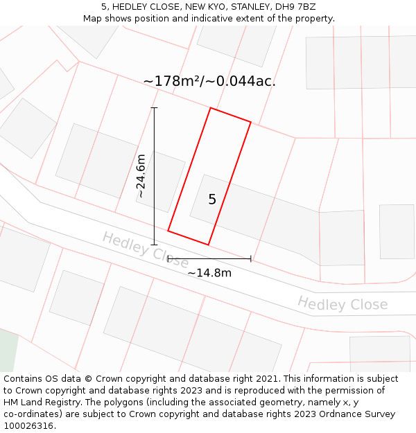 5, HEDLEY CLOSE, NEW KYO, STANLEY, DH9 7BZ: Plot and title map