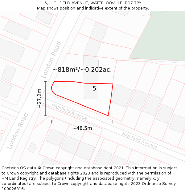 5, HIGHFIELD AVENUE, WATERLOOVILLE, PO7 7PY: Plot and title map
