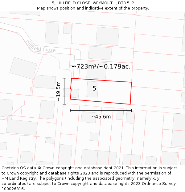 5, HILLFIELD CLOSE, WEYMOUTH, DT3 5LP: Plot and title map