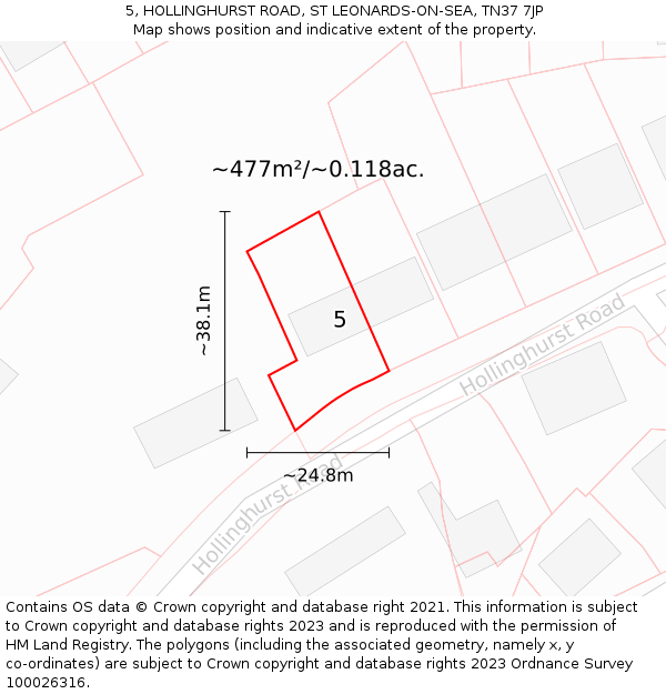 5, HOLLINGHURST ROAD, ST LEONARDS-ON-SEA, TN37 7JP: Plot and title map