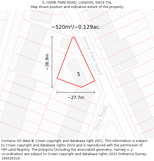 5, HOME PARK ROAD, LONDON, SW19 7HL: Plot and title map