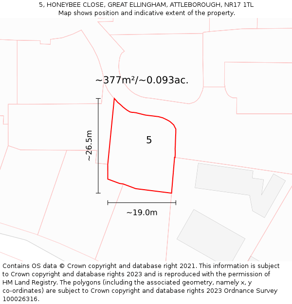 5, HONEYBEE CLOSE, GREAT ELLINGHAM, ATTLEBOROUGH, NR17 1TL: Plot and title map