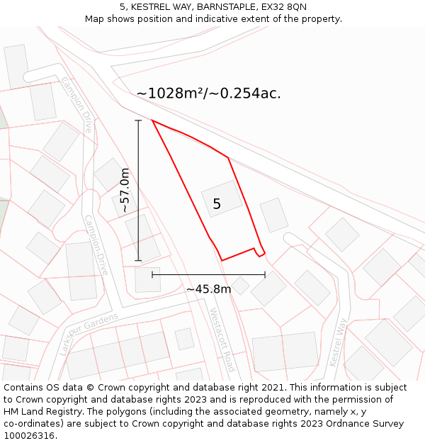 5, KESTREL WAY, BARNSTAPLE, EX32 8QN: Plot and title map