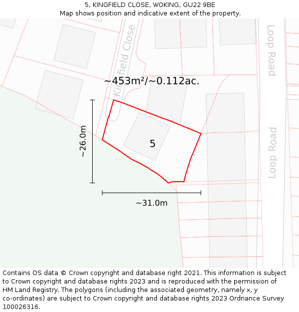 5, KINGFIELD CLOSE, WOKING, GU22 9BE: Plot and title map