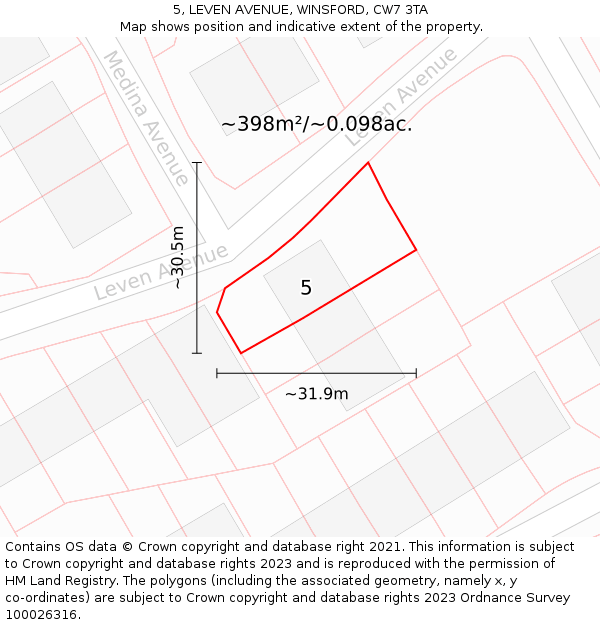 5, LEVEN AVENUE, WINSFORD, CW7 3TA: Plot and title map