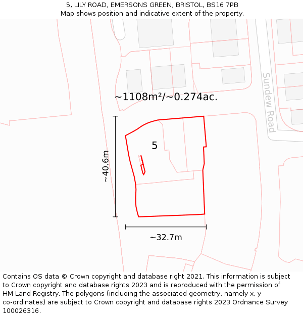 5, LILY ROAD, EMERSONS GREEN, BRISTOL, BS16 7PB: Plot and title map