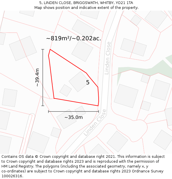 5, LINDEN CLOSE, BRIGGSWATH, WHITBY, YO21 1TA: Plot and title map