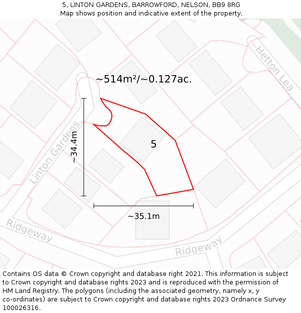 5, LINTON GARDENS, BARROWFORD, NELSON, BB9 8RG: Plot and title map