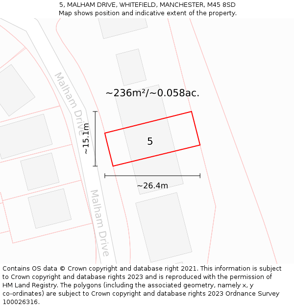5, MALHAM DRIVE, WHITEFIELD, MANCHESTER, M45 8SD: Plot and title map