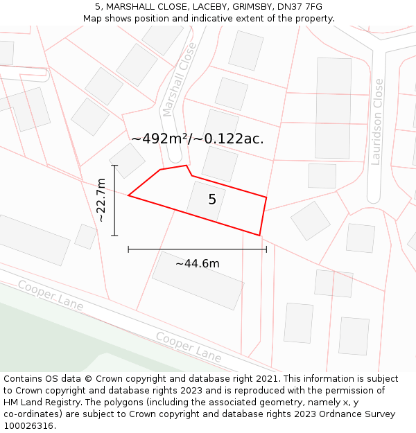 5, MARSHALL CLOSE, LACEBY, GRIMSBY, DN37 7FG: Plot and title map