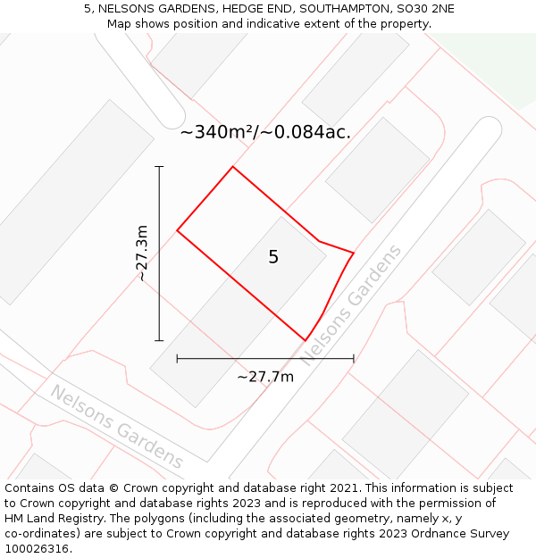 5, NELSONS GARDENS, HEDGE END, SOUTHAMPTON, SO30 2NE: Plot and title map