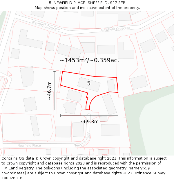 5, NEWFIELD PLACE, SHEFFIELD, S17 3ER: Plot and title map