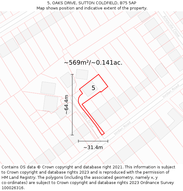 5, OAKS DRIVE, SUTTON COLDFIELD, B75 5AP: Plot and title map