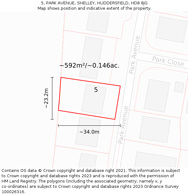 5, PARK AVENUE, SHELLEY, HUDDERSFIELD, HD8 8JG: Plot and title map