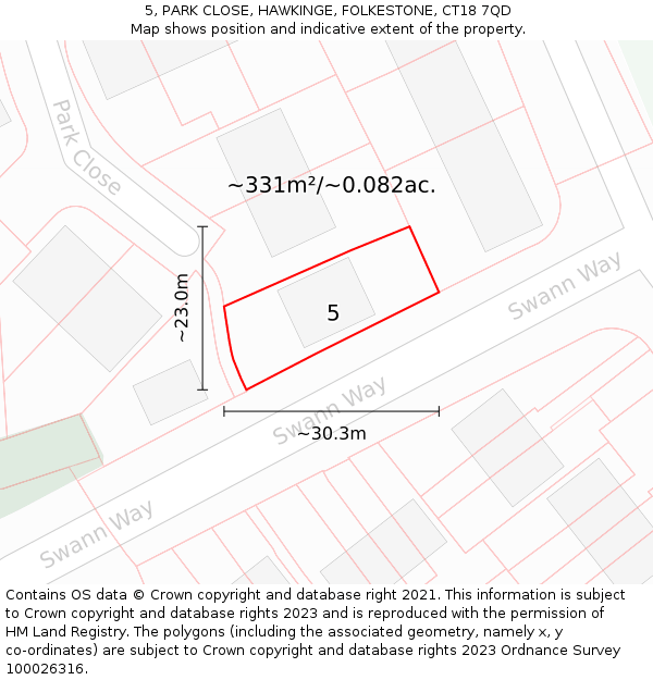 5, PARK CLOSE, HAWKINGE, FOLKESTONE, CT18 7QD: Plot and title map