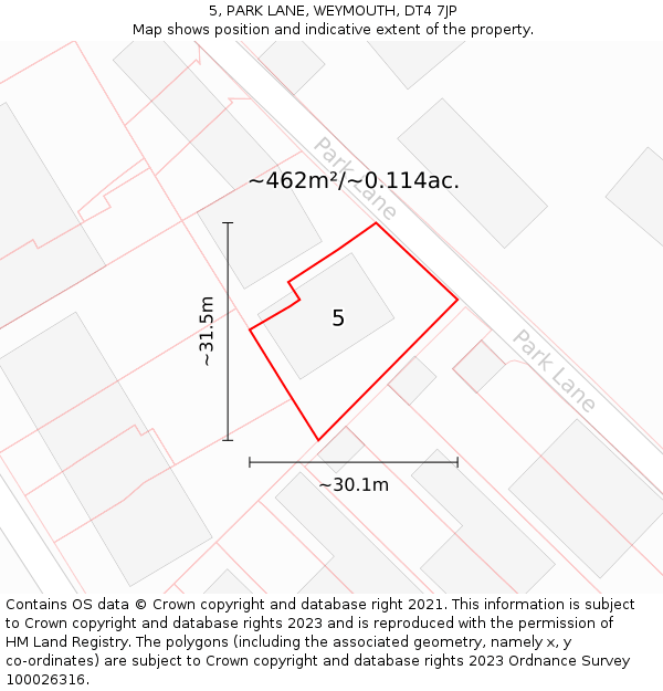 5, PARK LANE, WEYMOUTH, DT4 7JP: Plot and title map