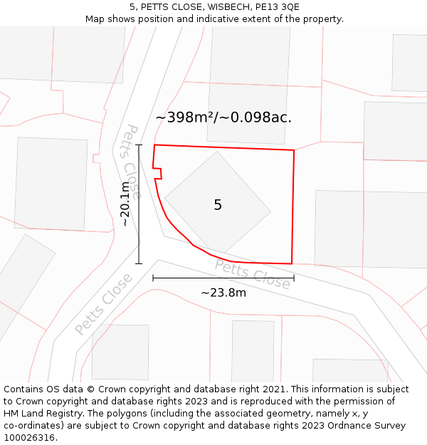 5, PETTS CLOSE, WISBECH, PE13 3QE: Plot and title map