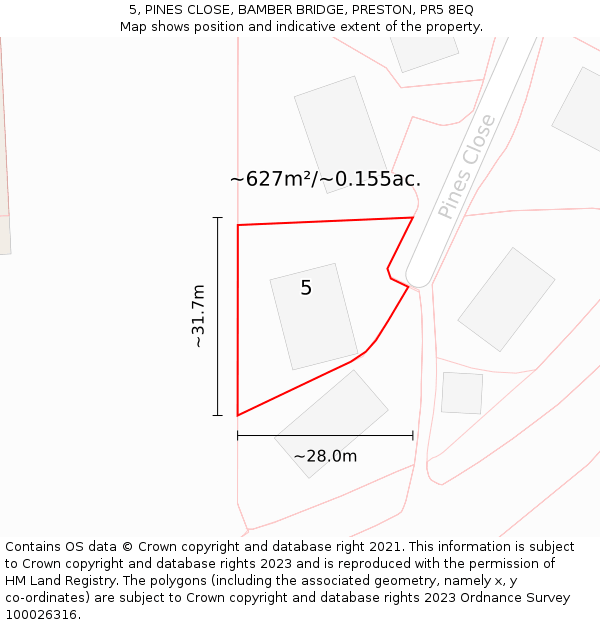 5, PINES CLOSE, BAMBER BRIDGE, PRESTON, PR5 8EQ: Plot and title map