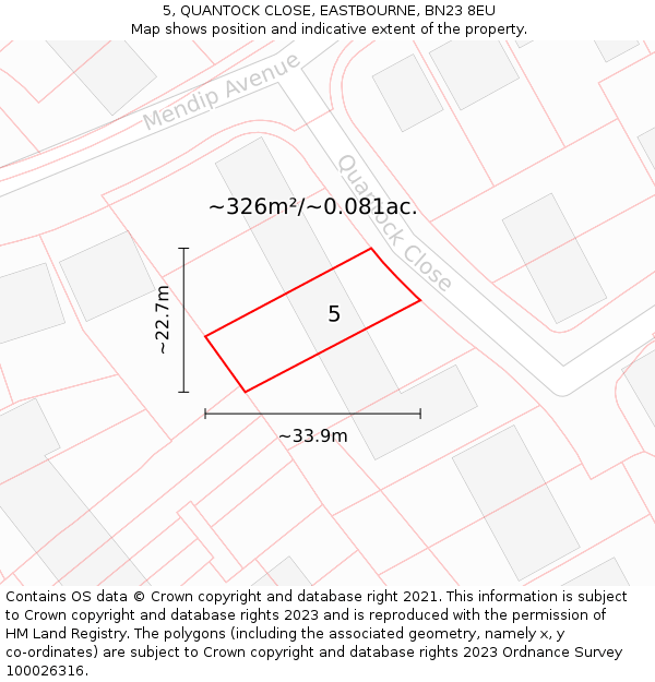 5, QUANTOCK CLOSE, EASTBOURNE, BN23 8EU: Plot and title map